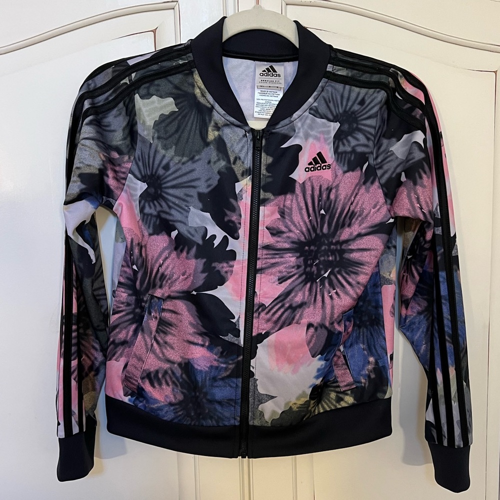 Adidas Girls Pink & Black Floral Track Jacket - size 10-12